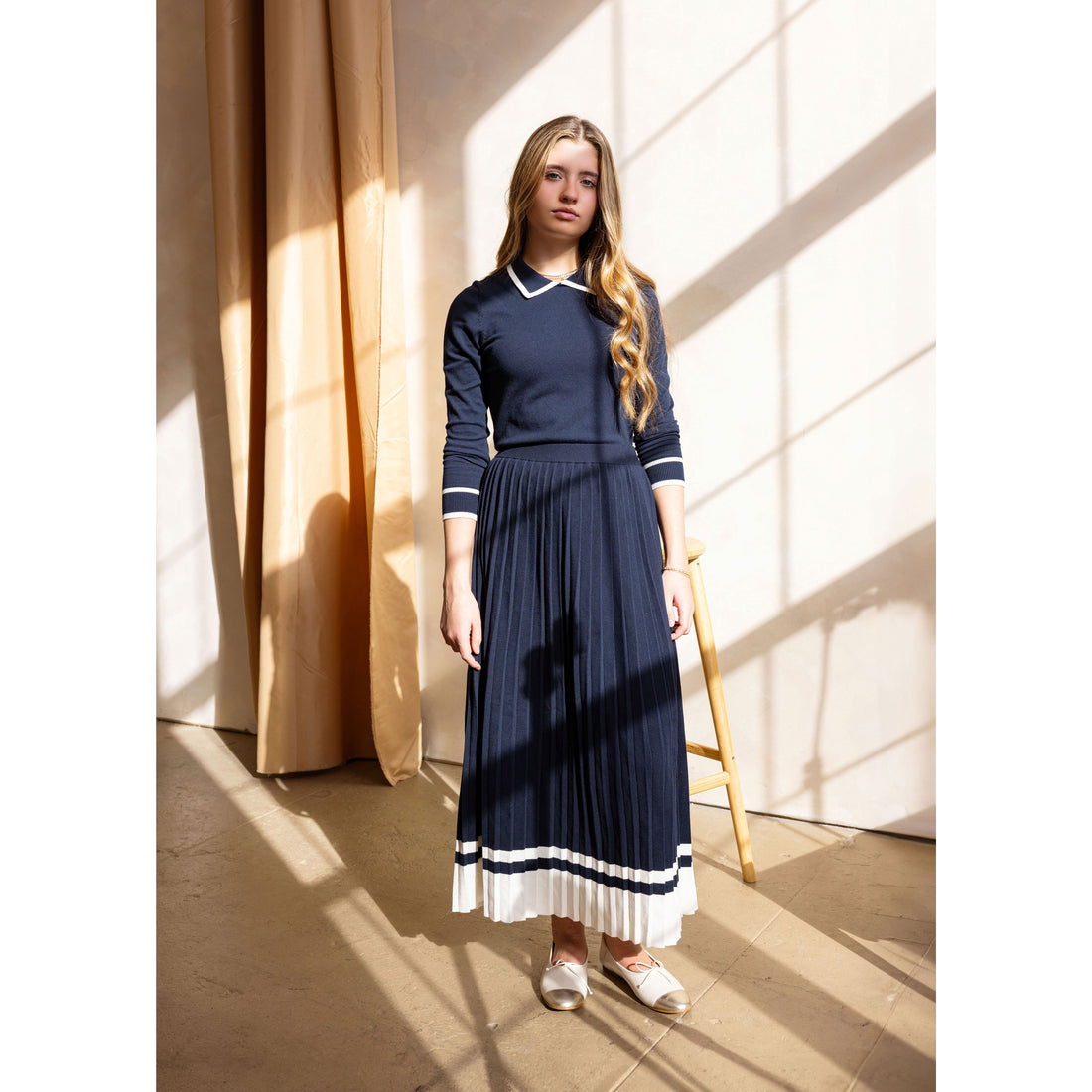 Coco Blanc Navy/Ivory Accordion Pleated Skirt