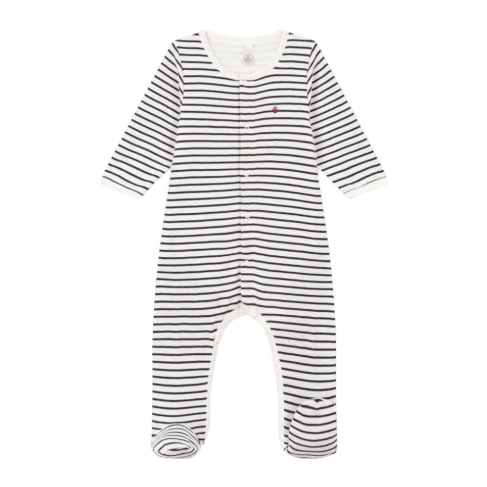Petit Bateau White/Navy Baby Front Snap Striped Footie