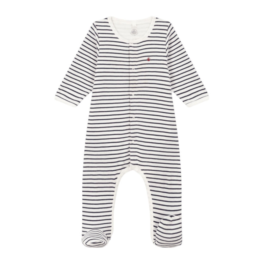 Petit Bateau White/Navy Baby Front Snap Striped Footie