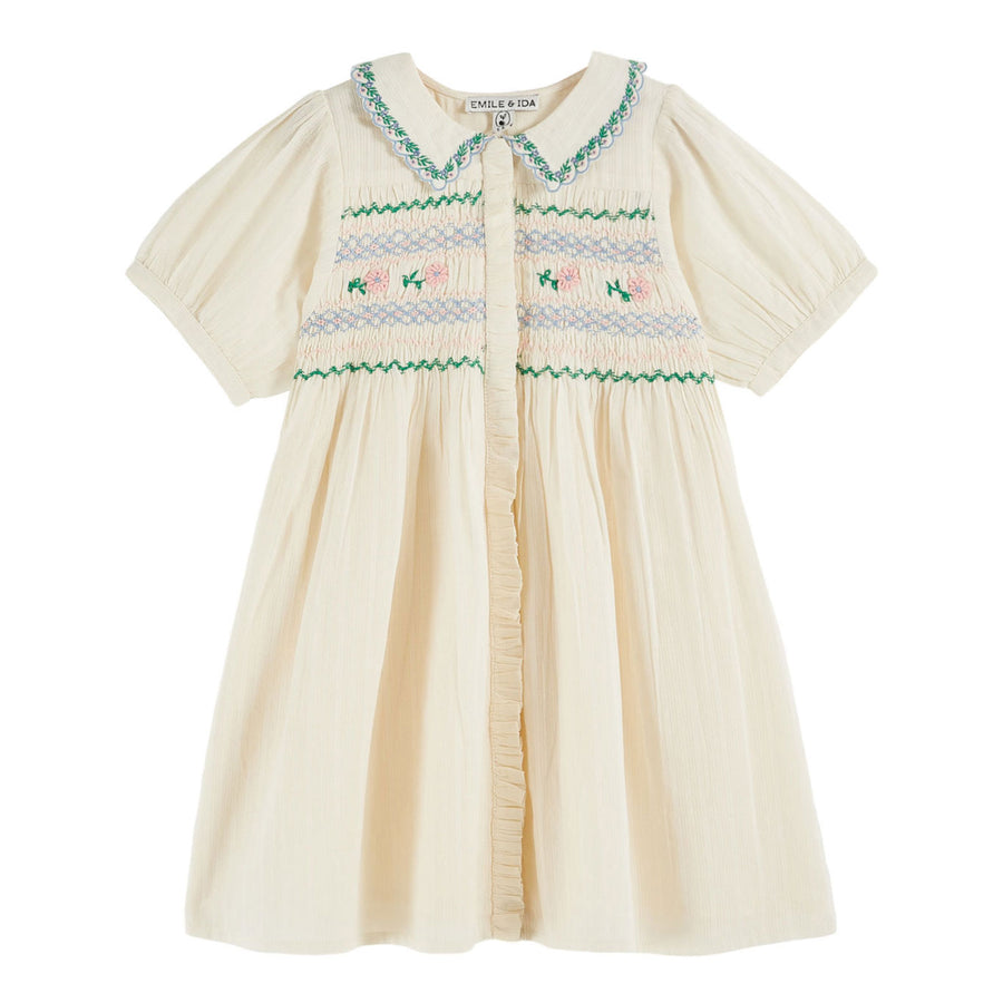 Emile et Ida Ecru Embroidered Smocked Dress
