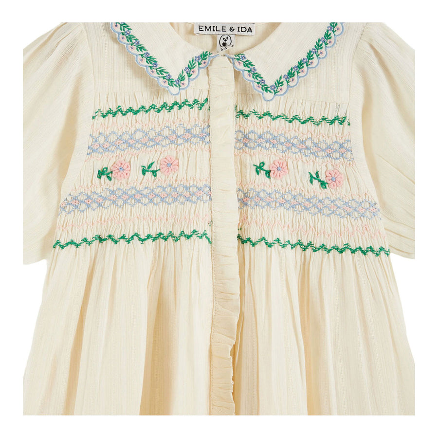 Emile et Ida Ecru Embroidered Smocked Dress