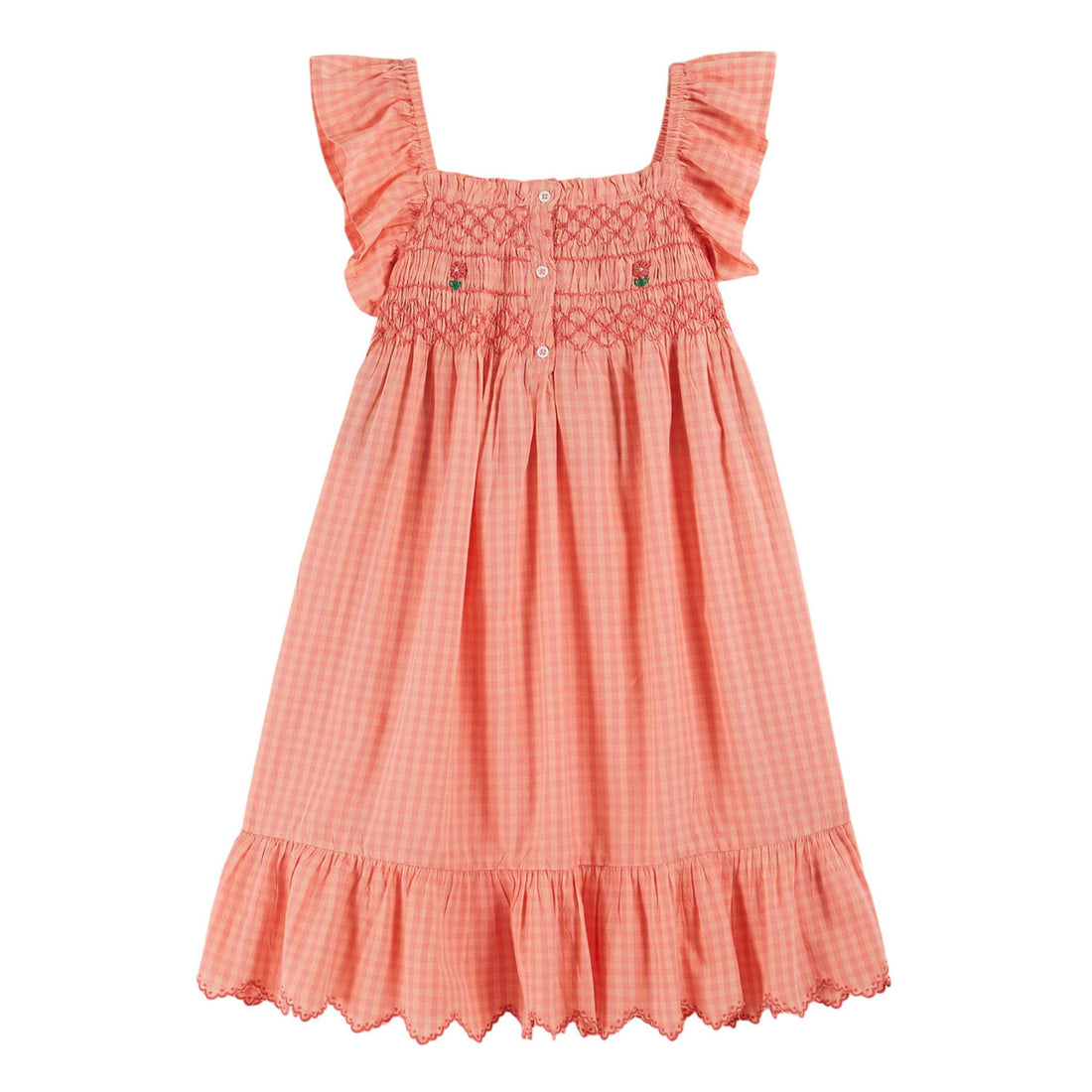 Emile et Ida Red Vichy Embroidered Smocked Dress