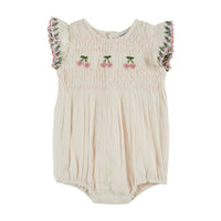 Emile et Ida Cream Embroidered Smocked Romper