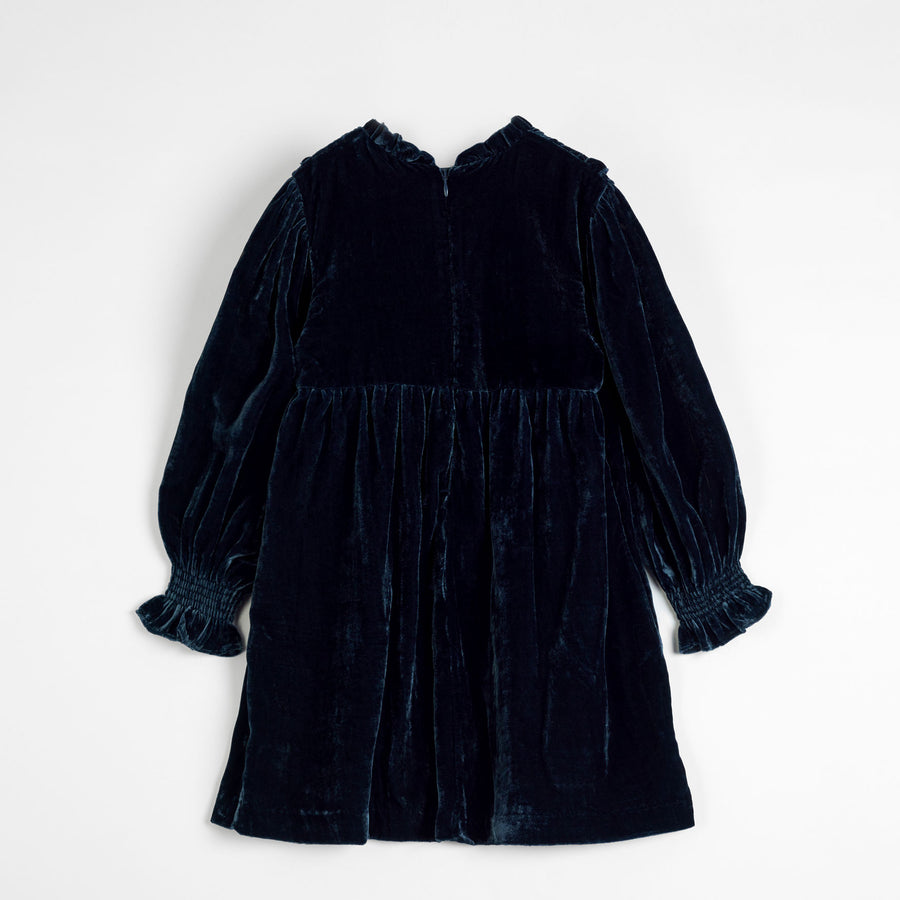 C era Una Volta Dolores Smocked Velvet Dress Girl Petrol Blue 3 Years