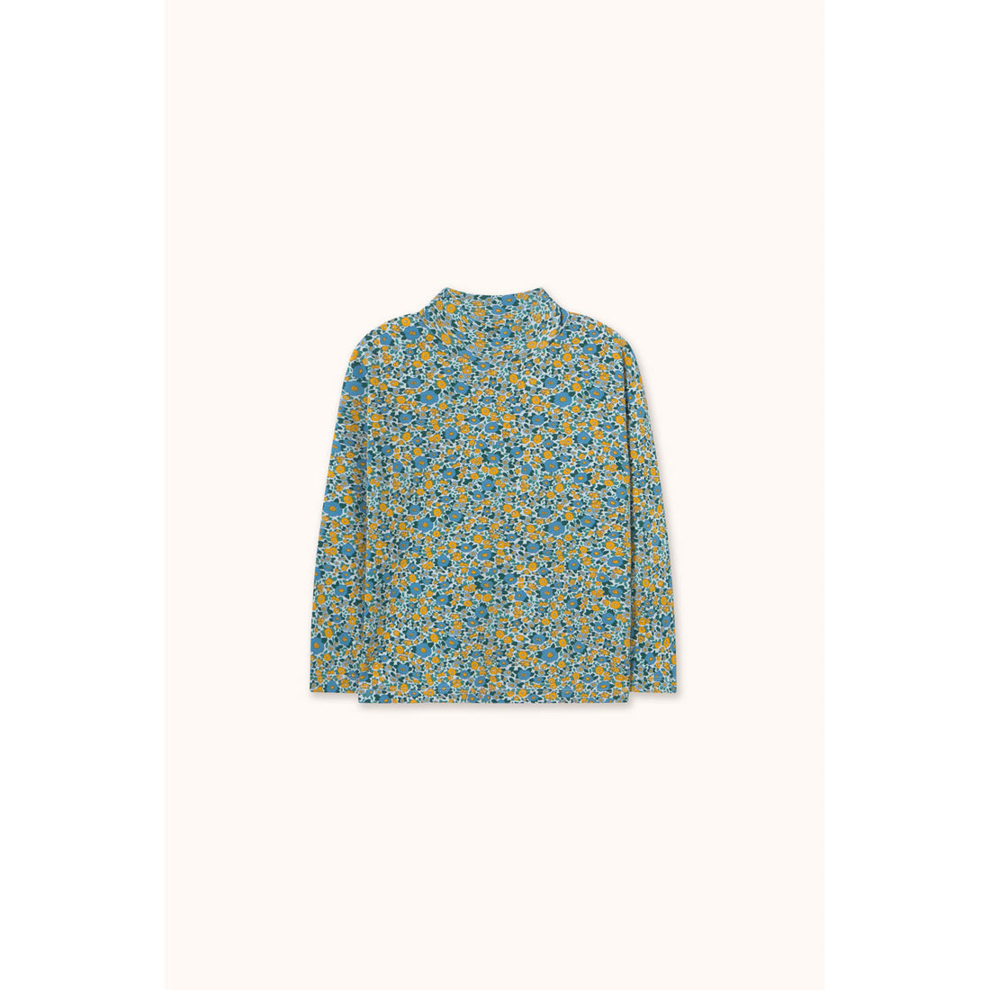 Tiny Cottons Washed Blue Flower Pattern Rib Mockneck