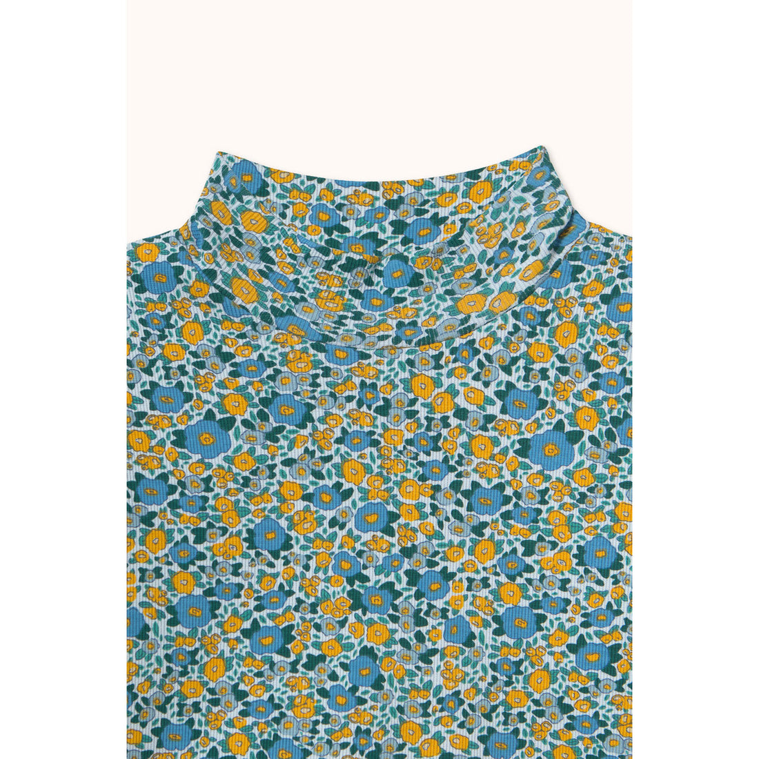 Tiny Cottons Washed Blue Flower Pattern Rib Mockneck