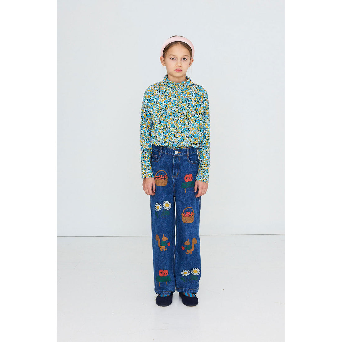 Tiny Cottons Washed Blue Flower Pattern Rib Mockneck