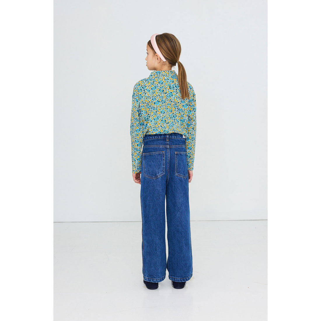 Tiny Cottons Washed Blue Flower Pattern Rib Mockneck