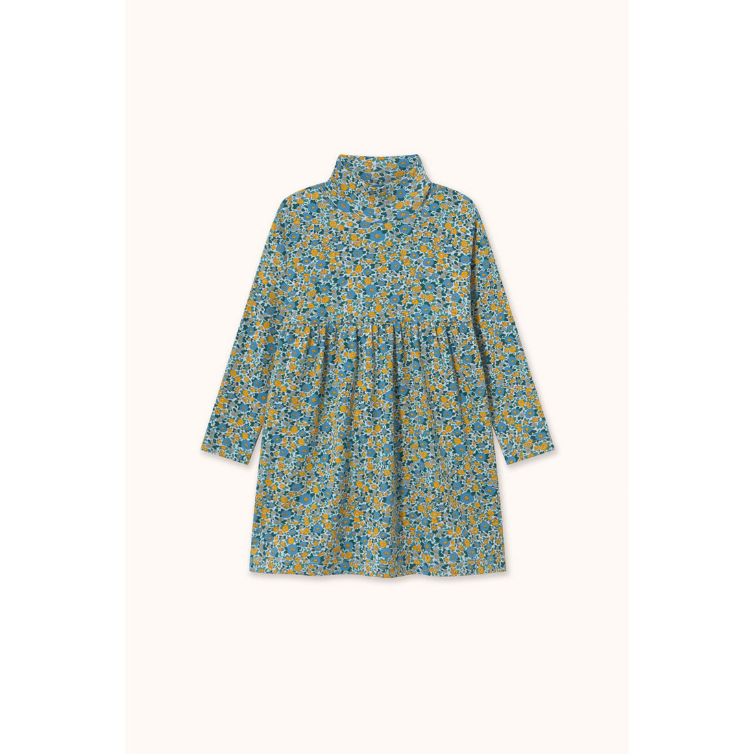 Tiny Cottons Blue Flower Pattern Rib Mockneck Dress