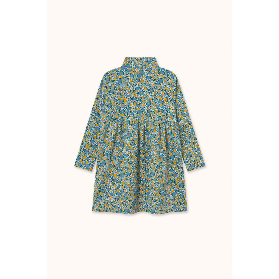Tiny Cottons Blue Flower Pattern Rib Mockneck Dress