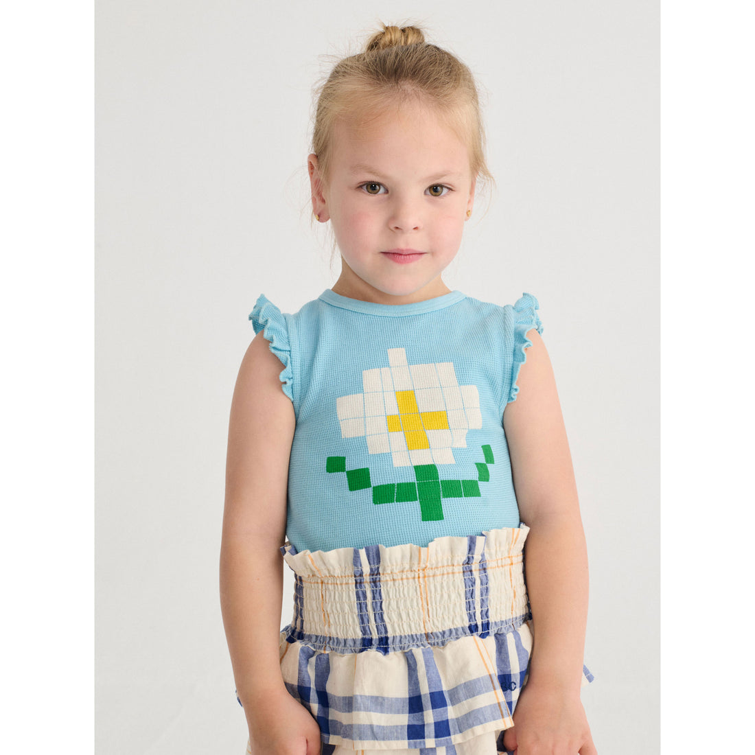 Bobo Choses Light Blue Pixel Daisy Ruffled Top