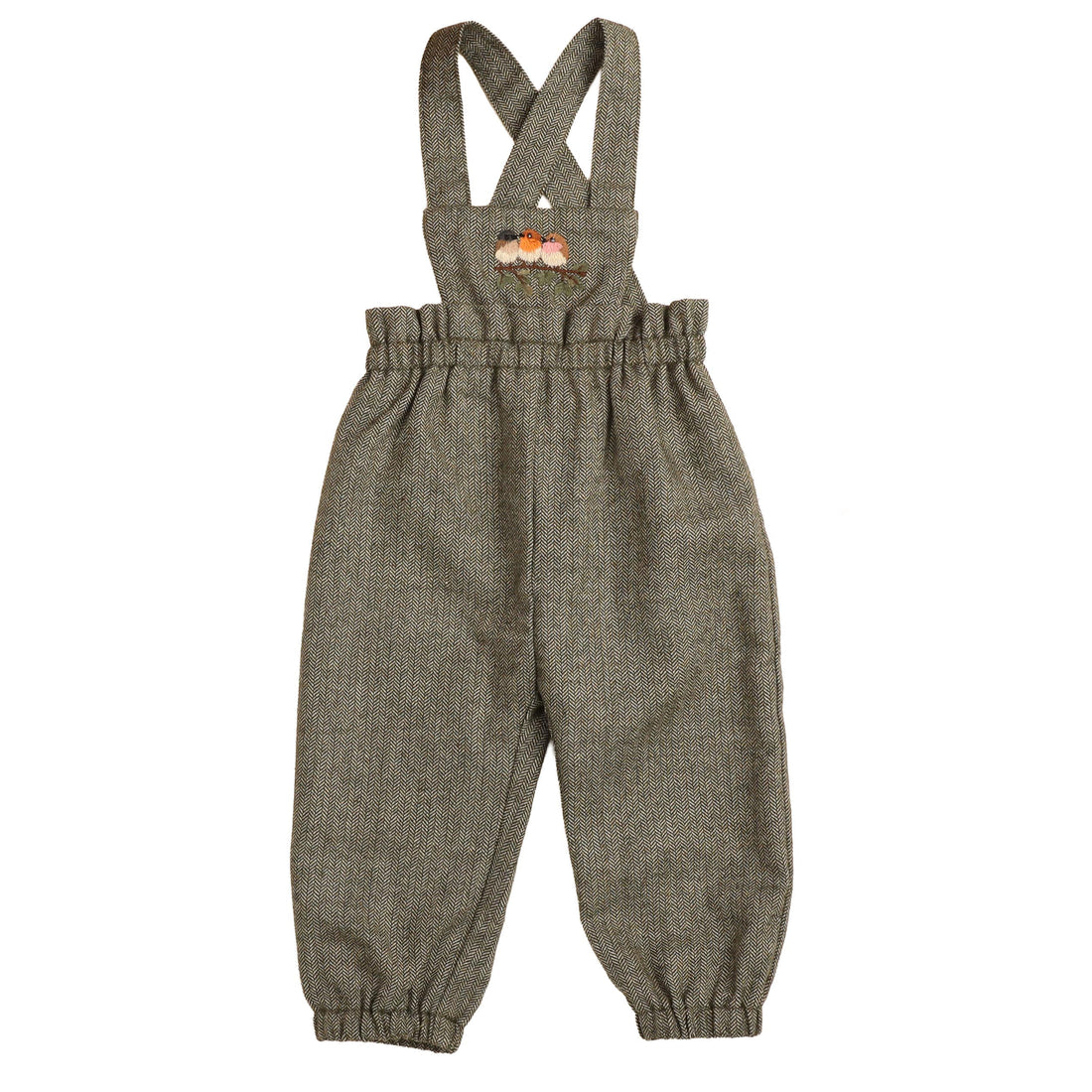 Belati  Olive Bird Embroidered Bib Romper