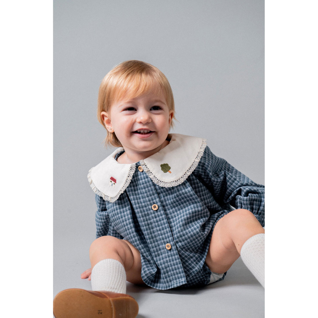 Birinit Indigo Gingham Embroidered Baby Blouse