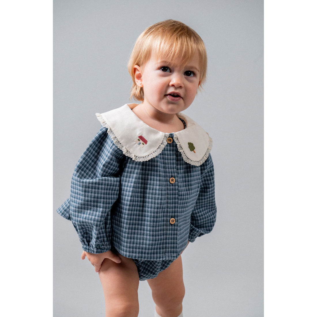 Birinit Indigo Gingham Embroidered Baby Blouse