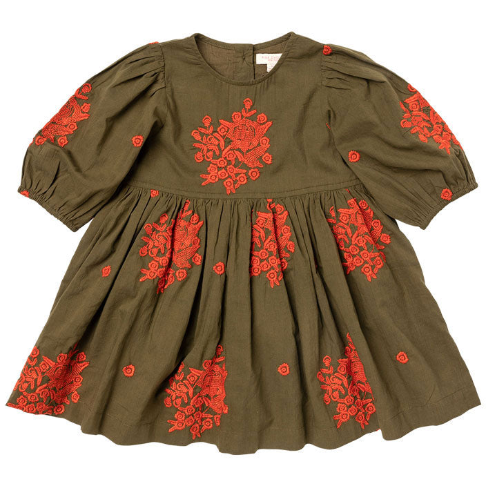 Pink Chicken Dark Olive Emboidered Brooke Dress