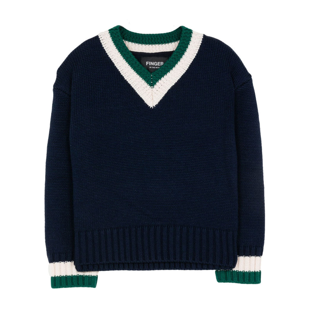 Finger in the Nose  Navy V Neck Campus Sweater