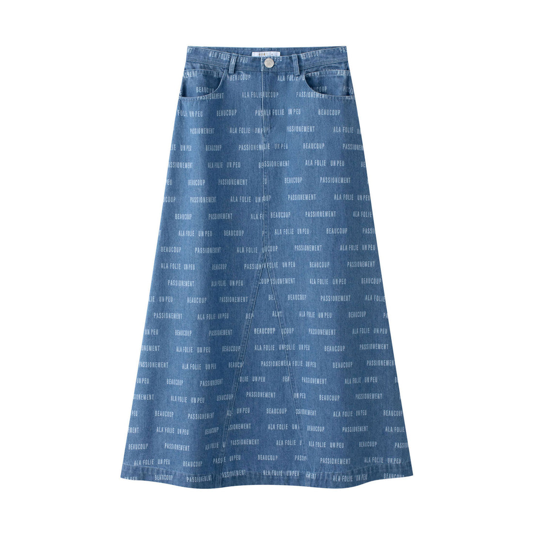 Coco Blanc Blue Denim Printed Midi Skirt