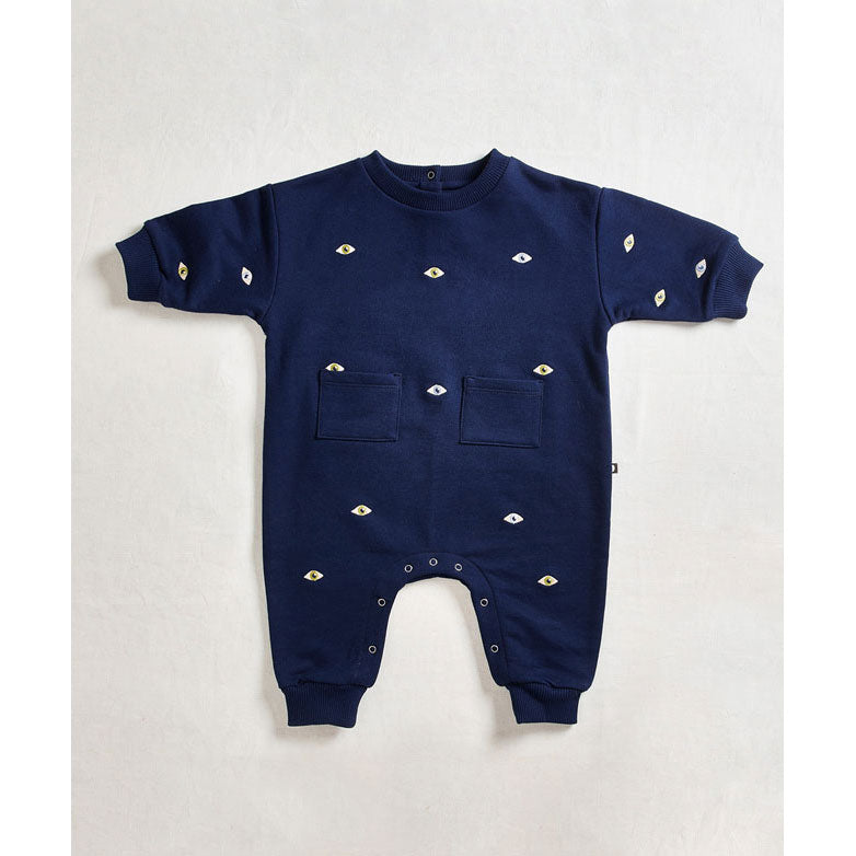 Oeuf Indigo Embroidered Terry Romper