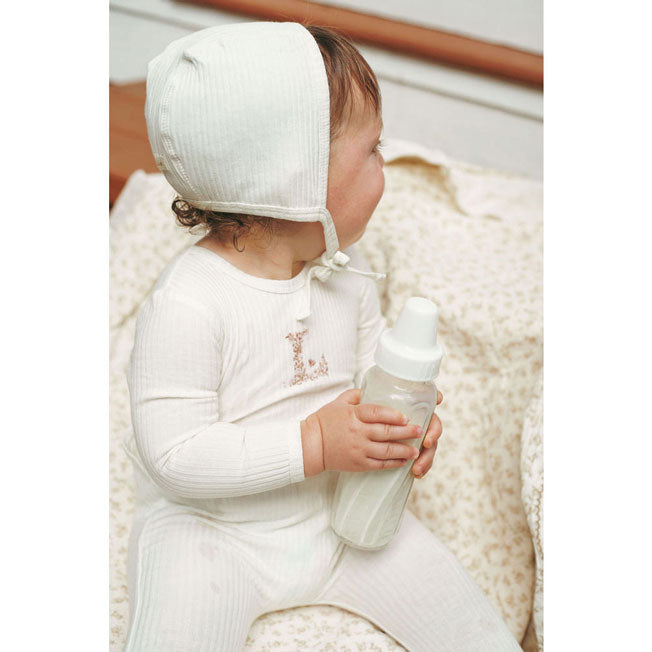 Ladida Layette Ivory/ Pink L Ribbed Romper + Bonnet