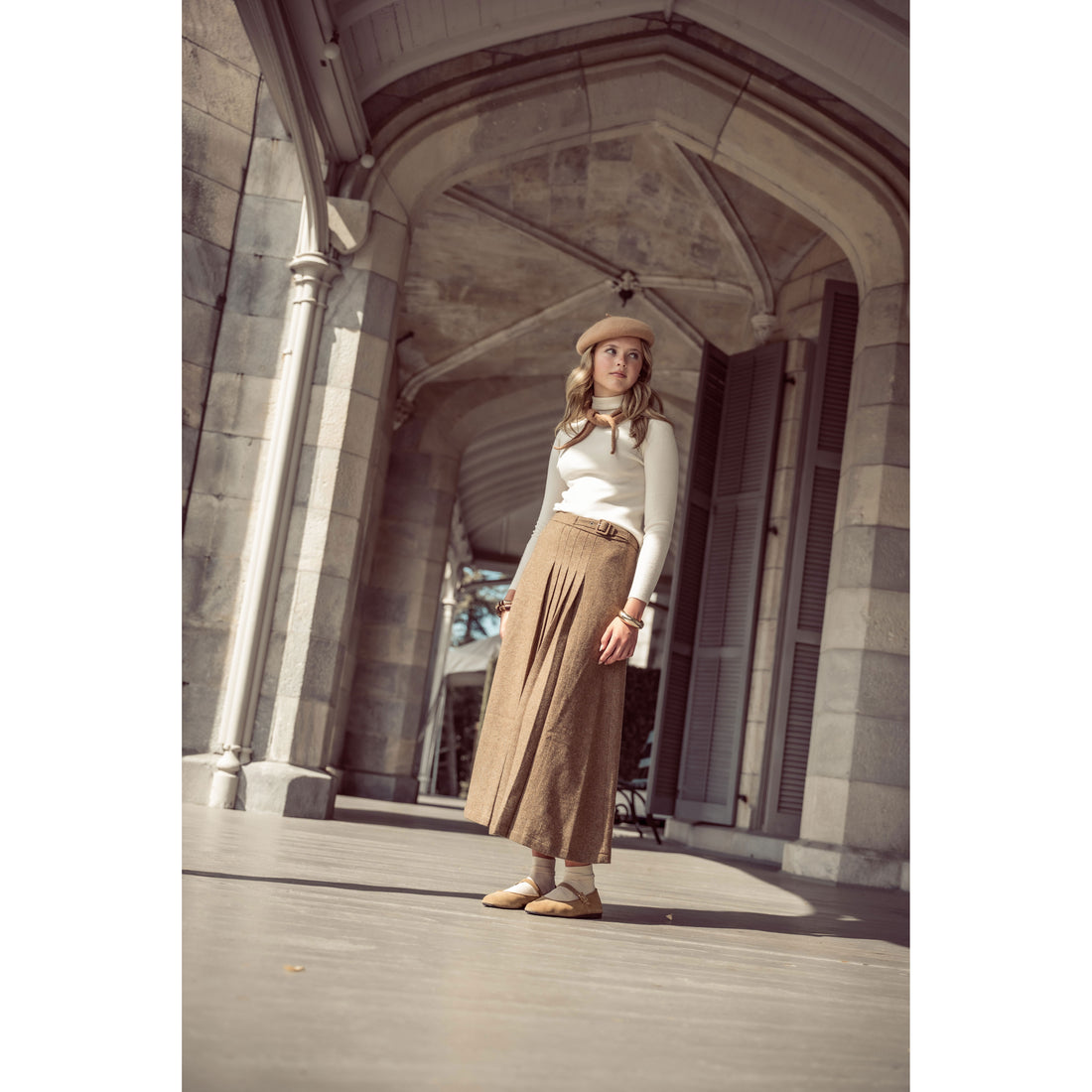 Coco Blanc Mocha Herringbone Side Buckle Skirt