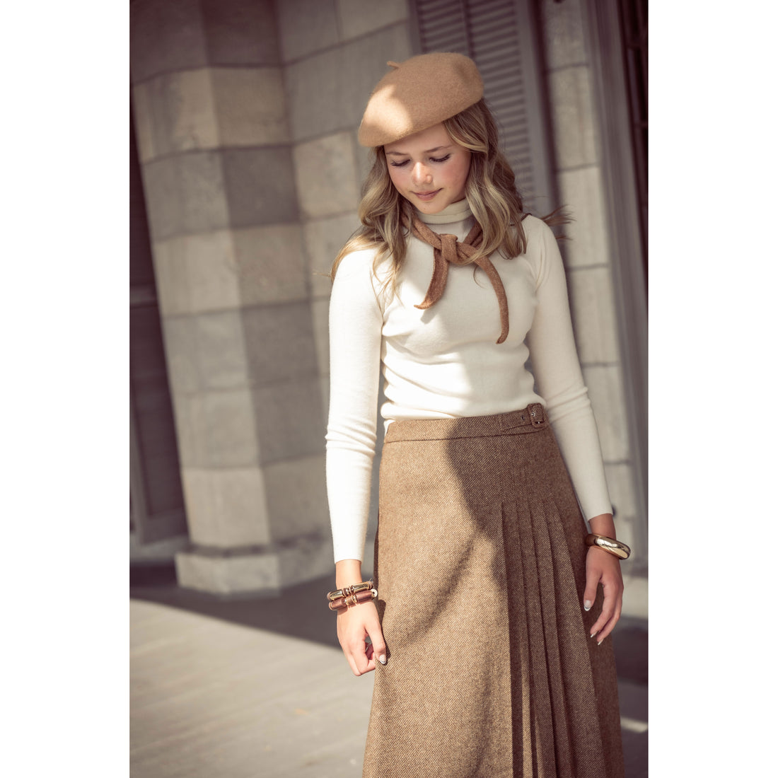 Coco Blanc Mocha Herringbone Side Buckle Skirt