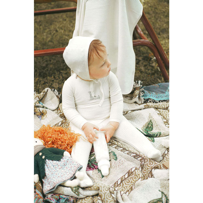 Ladida Layette Ivory/ Blue L Ribbed Romper + Bonnet + Blanket