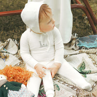 Ladida Layette Ivory/ Blue L Ribbed Romper + Bonnet