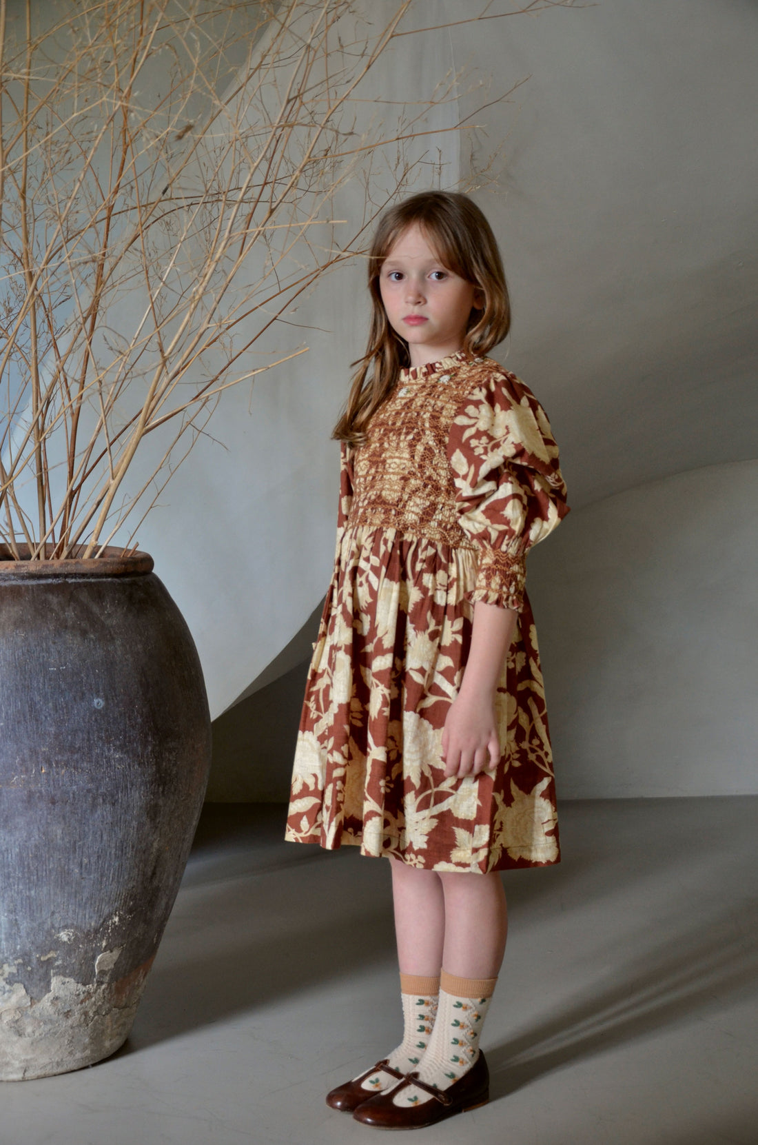 Bonjour Autumnal Red Flower Handsmock Dress
