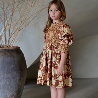 Bonjour Autumnal Red Flower Handsmock Dress