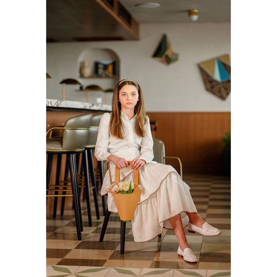 Coco Blanc Ivory/Taupe Trim Ruffled Skirt