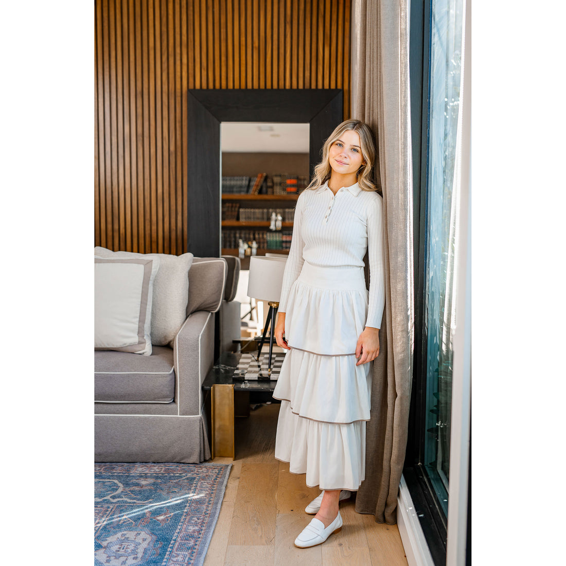 Coco Blanc Ivory/Taupe Trim Ruffled Skirt