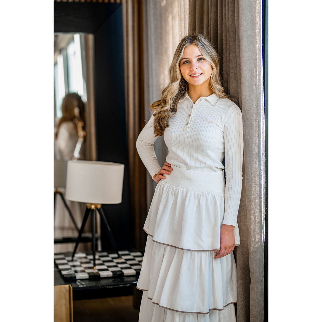 Coco Blanc Ivory/Taupe Trim Ruffled Skirt
