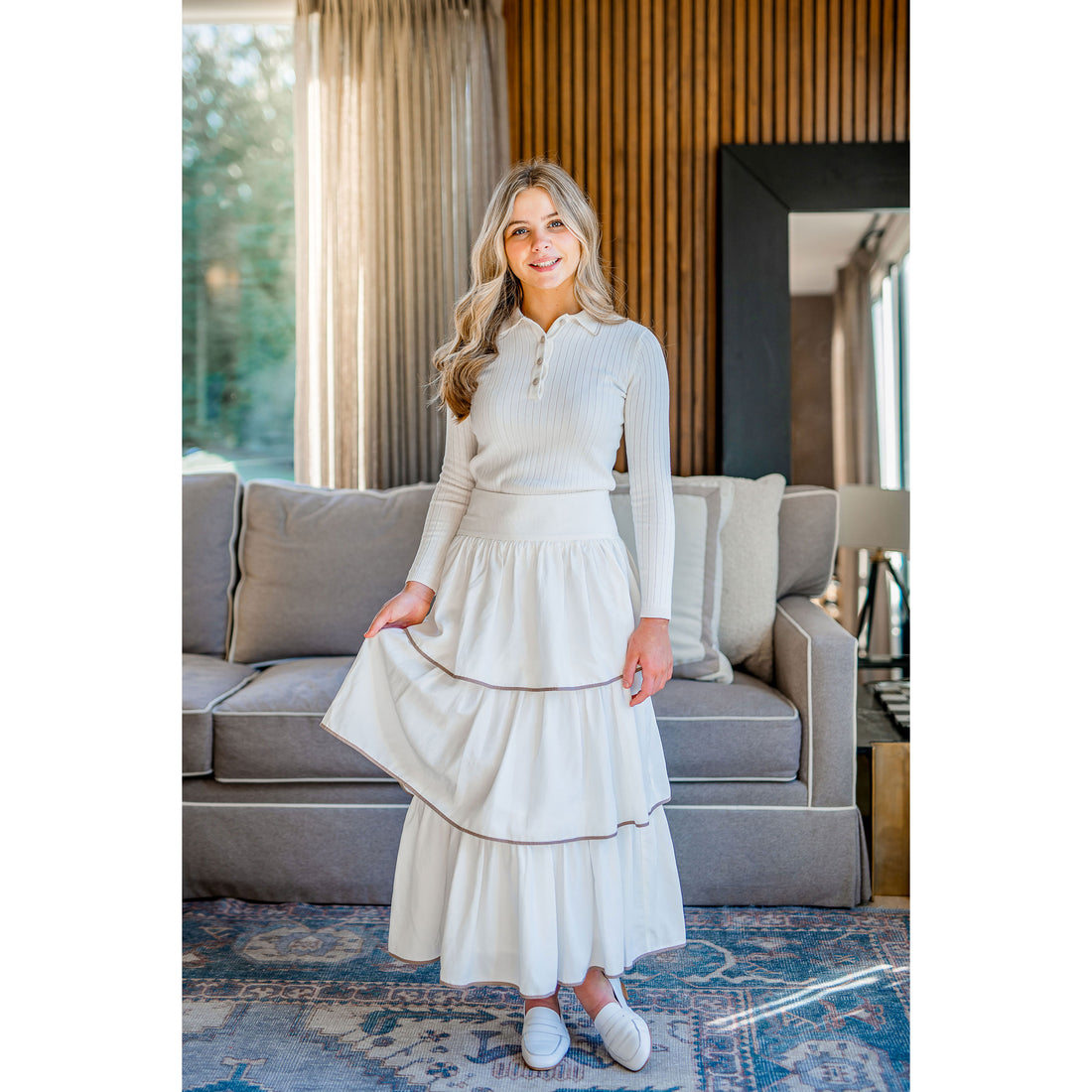 Coco Blanc Ivory/Taupe Trim Ruffled Skirt