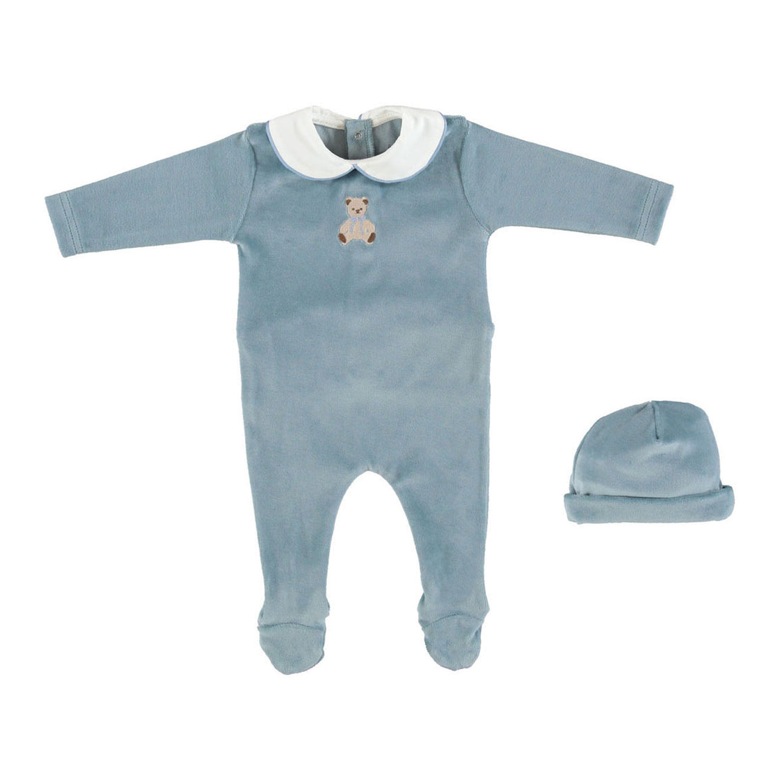 Bebe Organic Teddy Velour Blue Eden Collar Overall Set