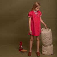 Birinit Red Linen Embroidered Dress