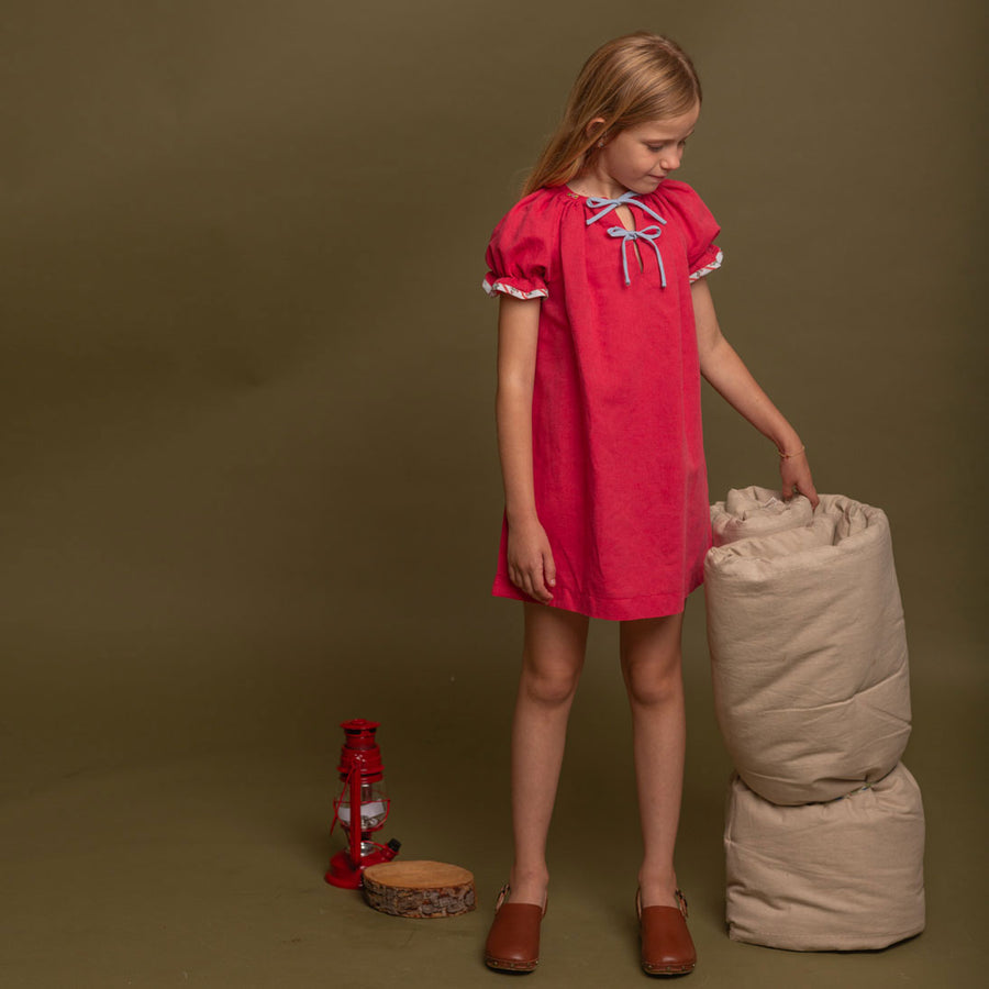 Birinit Red Linen Embroidered Dress
