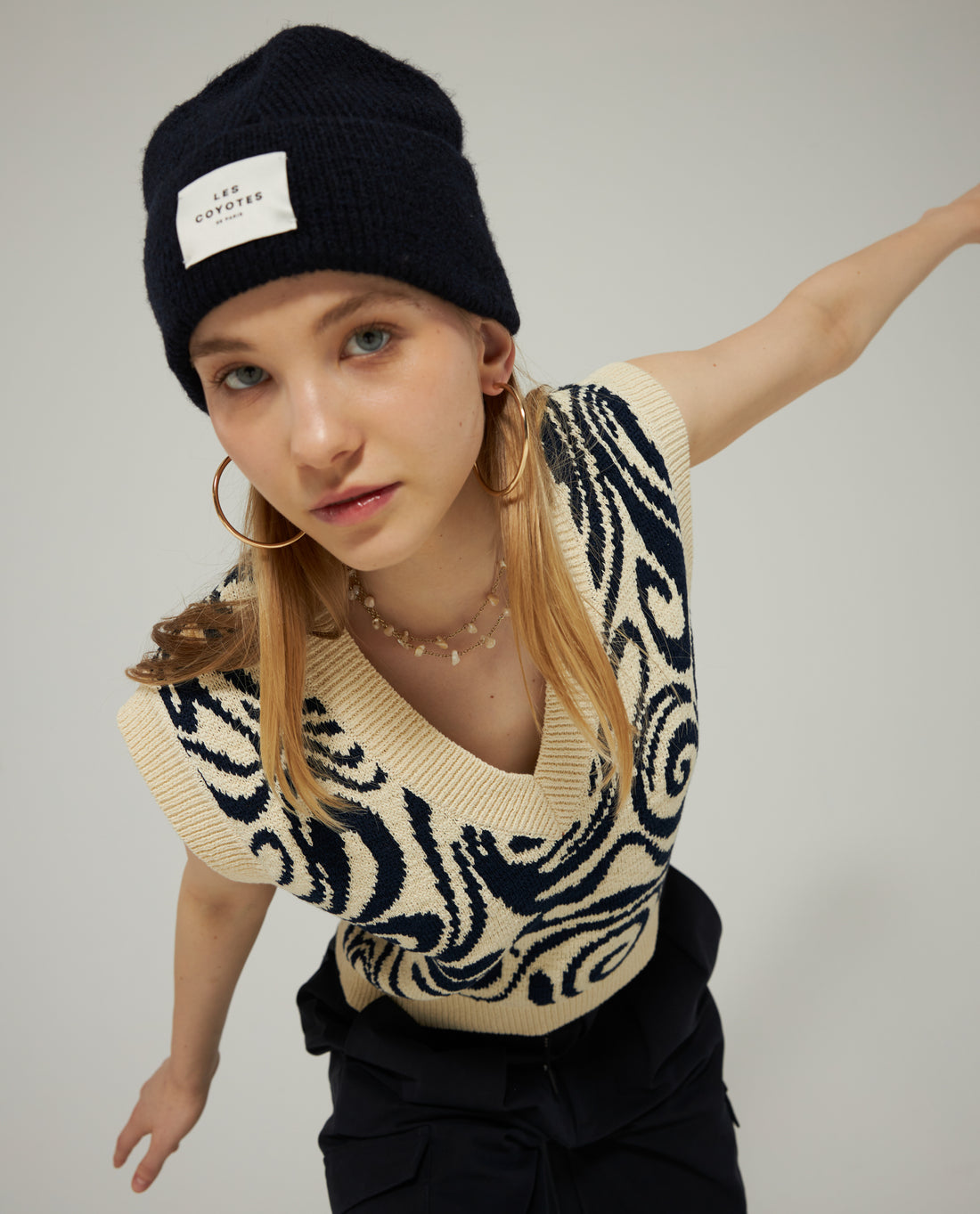 Les Coyotes De Paris Navy Swirl Intarsia Spencer Vest