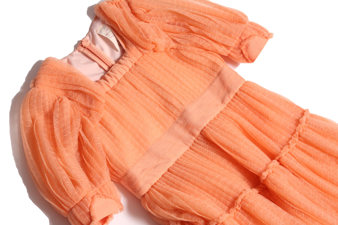 Tia Cibani Salmon Cornucopia Tiered Tulle Maxi