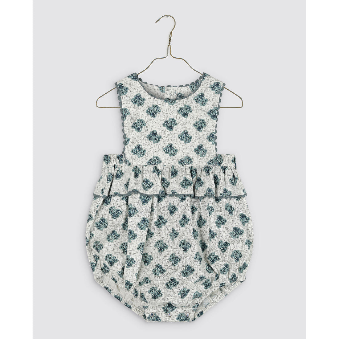 Little Cotton Clothes Hollyhock Floral Teal Frilly Bridget Romper