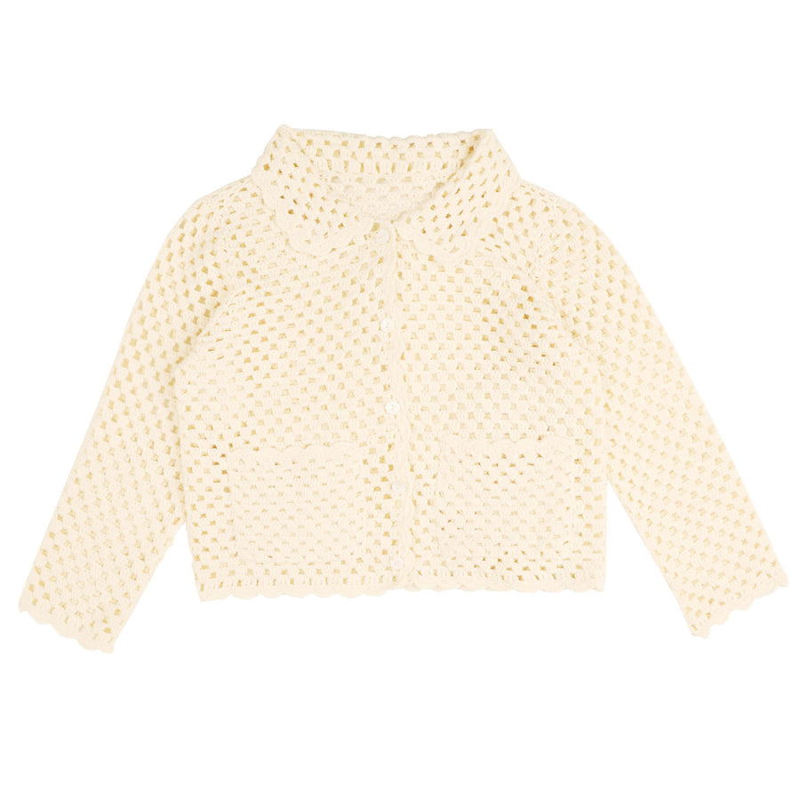 HEV Solid White Crochet Texture Buttoned Cardigan