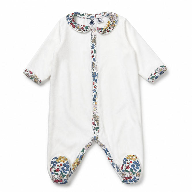 Petit Bateau White Floral Collar Velour Footie