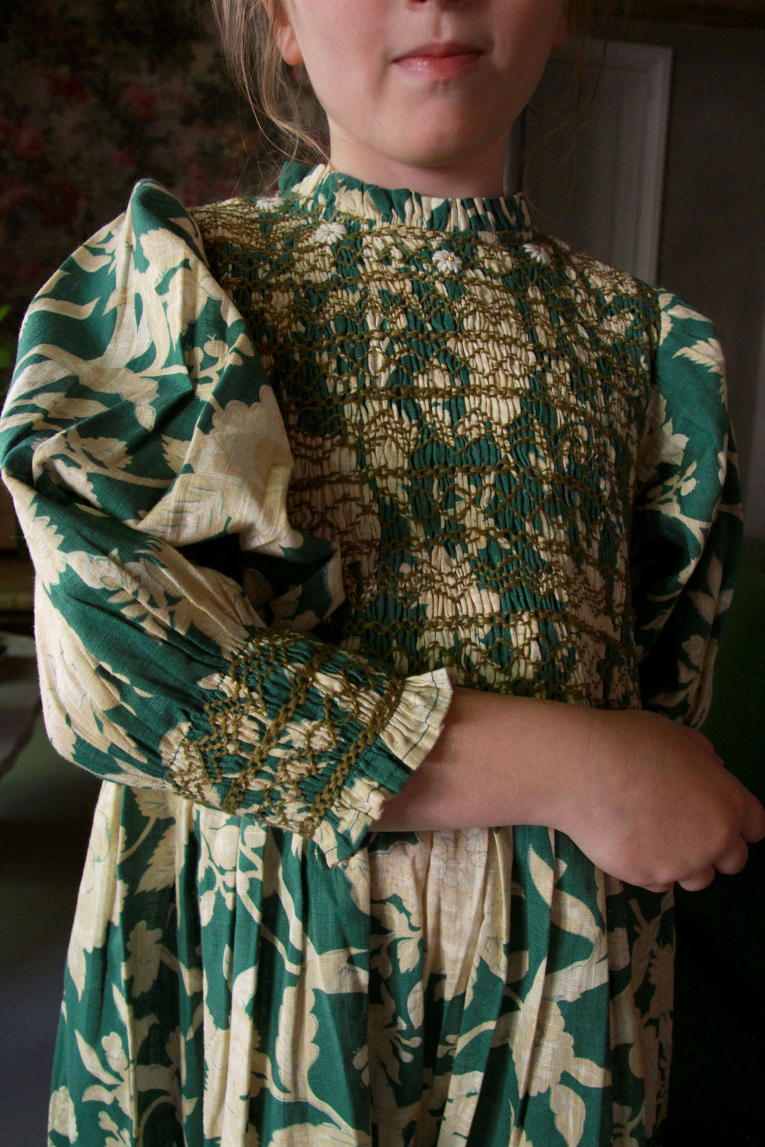 Bonjour Autumnal Green Flower Handsmock Dress