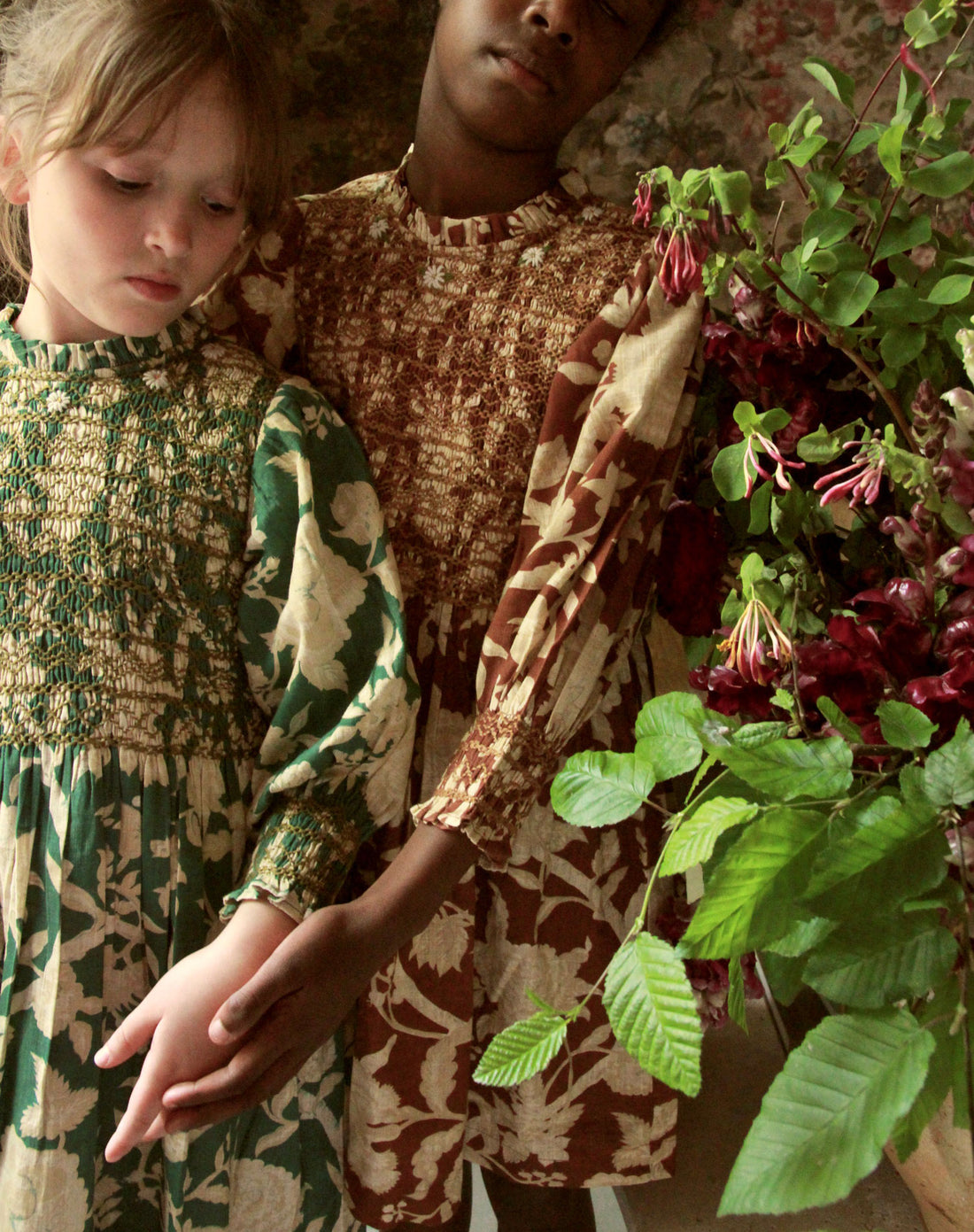 Bonjour Autumnal Green Flower Handsmock Dress