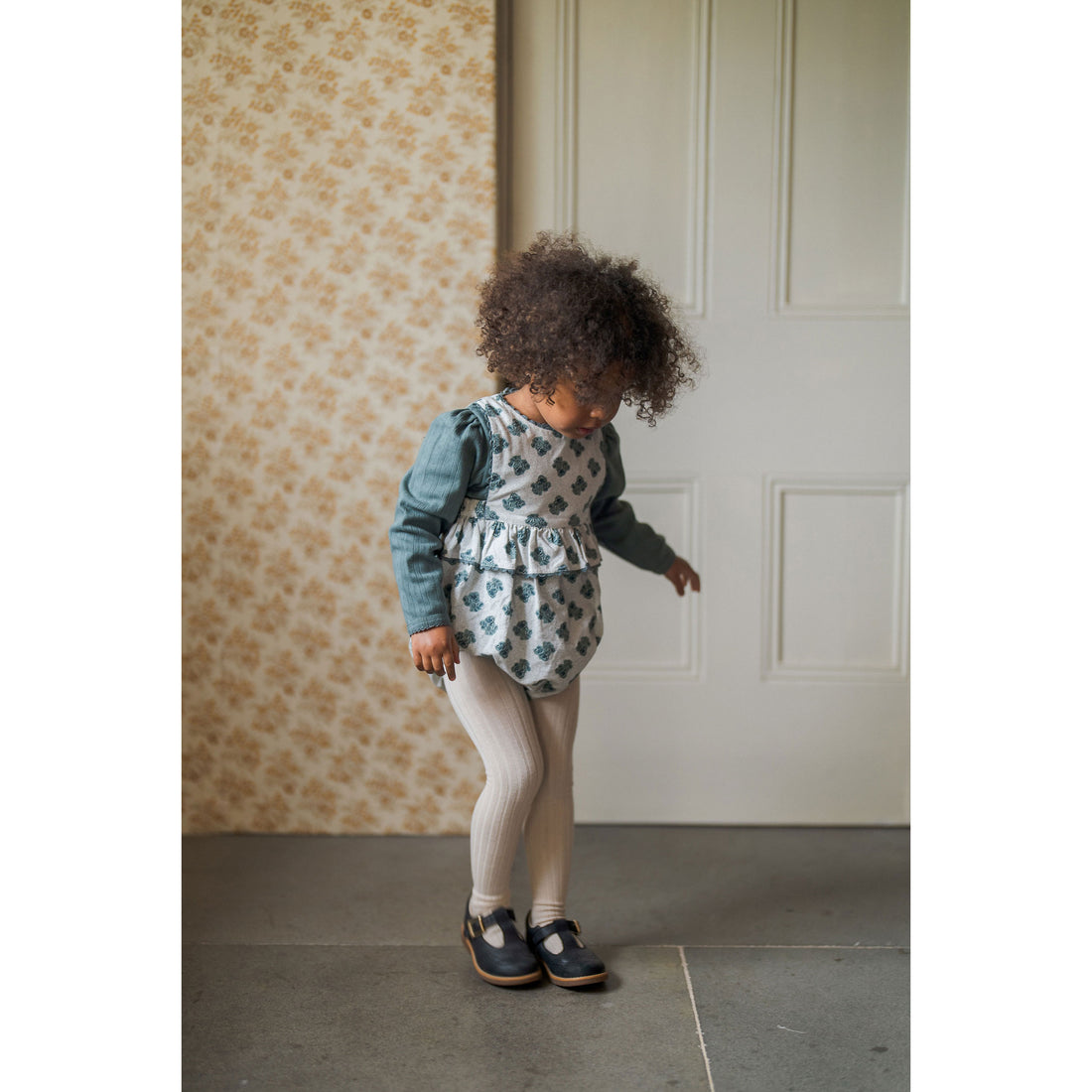 Little Cotton Clothes Hollyhock Floral Teal Frilly Bridget Romper