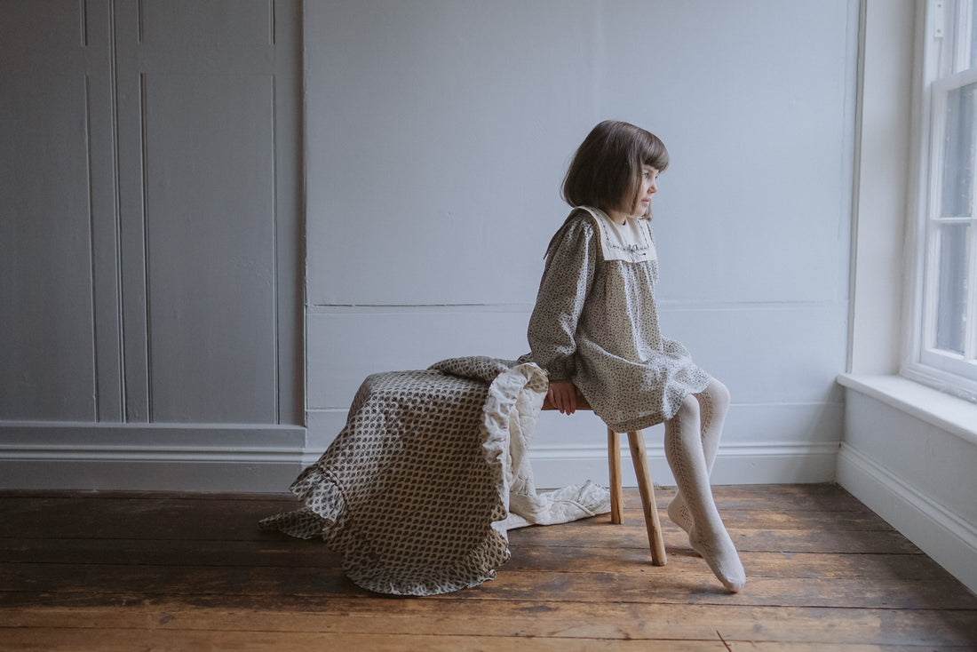 Little Cotton Clothes Cowslip Floral In Fog Organic Lina Dress
