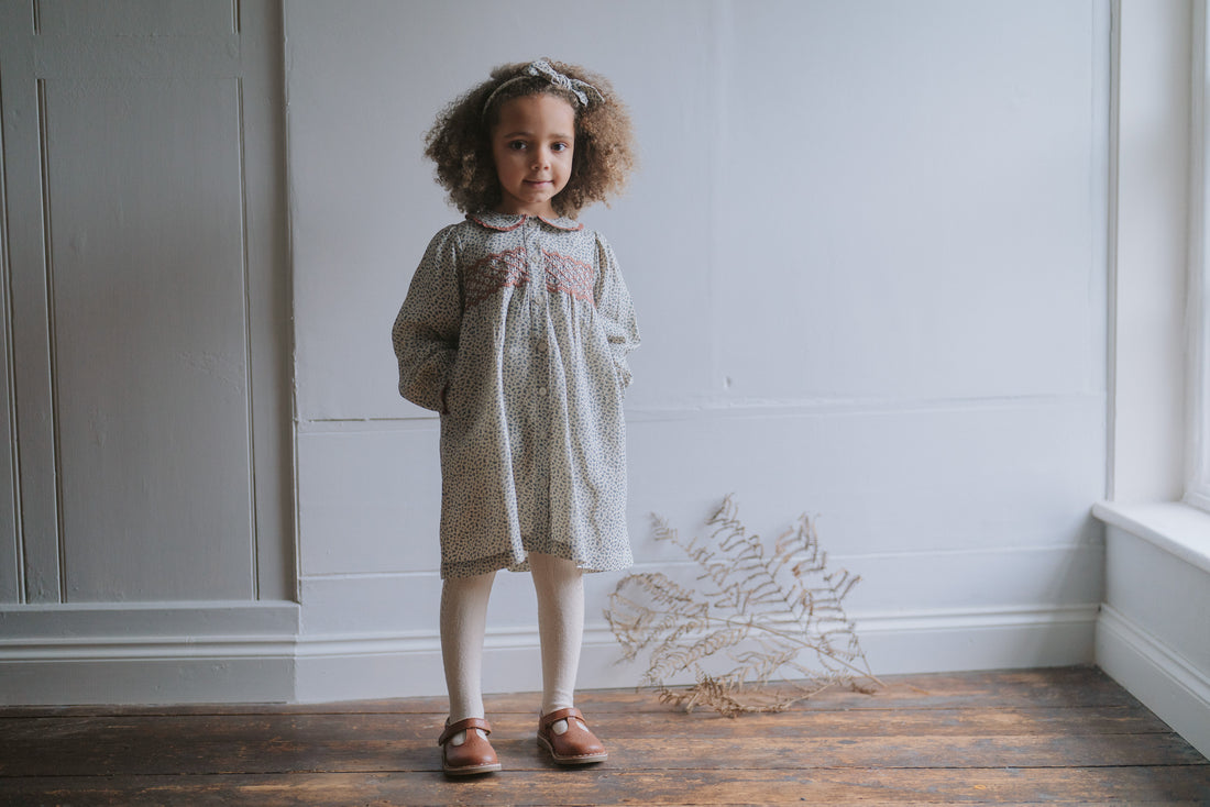 Little Cotton Clothes Cowslip Floral In Fog Organic Smocked Kate Dress