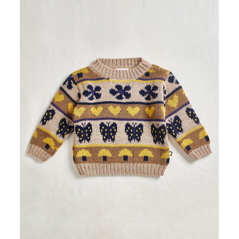 Oeuf Sand Butterfly/Flower Stripe Motif Sweater