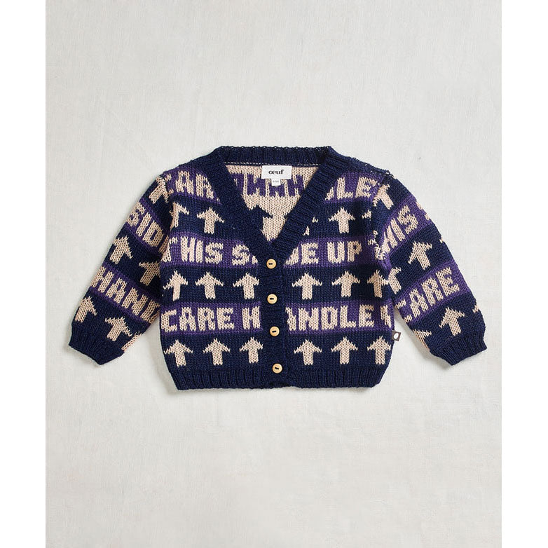 Oeuf Indigo Handle With Care Text Cardigan