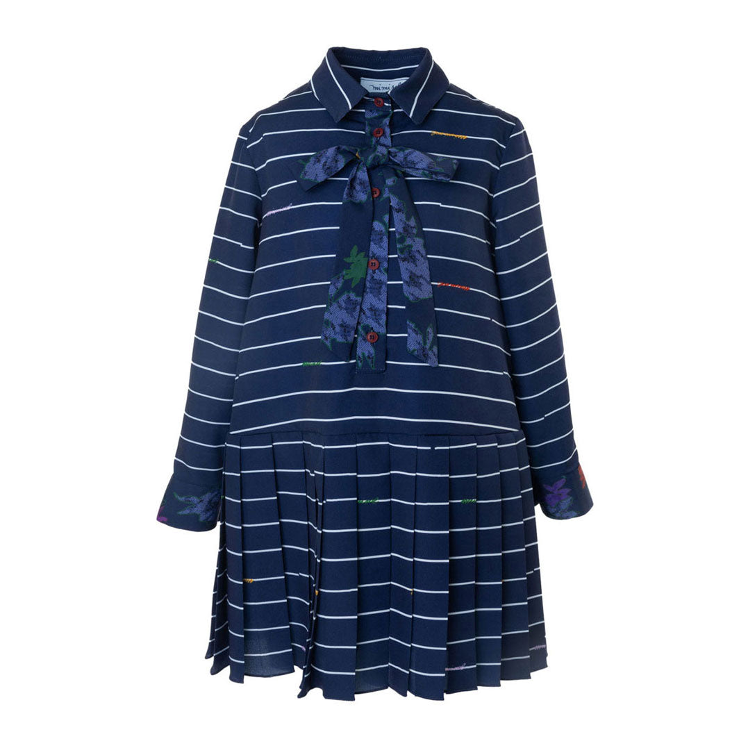 Mimisol Dark Blue Pinstripe Pleated Dress