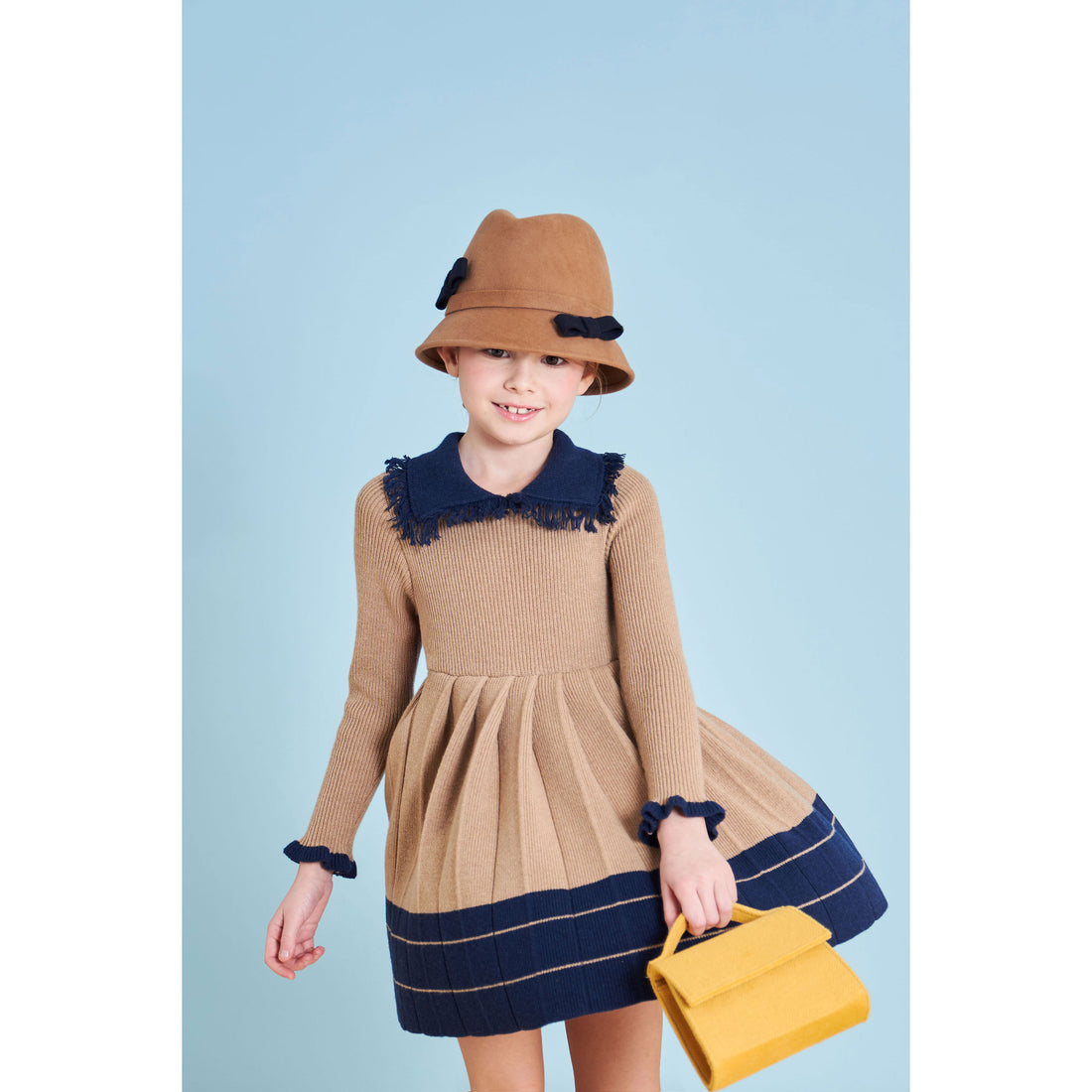 Mimisol Beige Dark Blue Wool Knit Dress